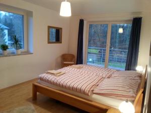 吕讷堡Ferienwohnung an der Hasenburg的卧室在窗户前配有一张床