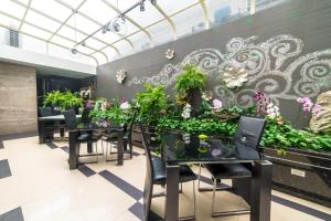 嘉义市皇爵大飯店的墙上设有餐桌和植物的用餐室