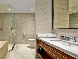 成都成都秦皇永安酒店的一间带水槽、卫生间和淋浴的浴室