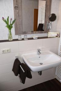 施塔德Hartlef´s Gasthof的浴室设有白色水槽和镜子