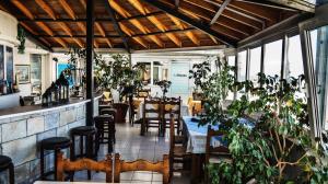 卡罗维西阿曼达酒店的一间设有桌椅的餐厅,种植了植物