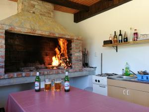 科雷尼察拉娜度假屋的厨房配有壁炉,餐桌上备有两瓶啤酒