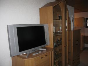 瓦门施泰纳赫Ferienwohnung Karlsruh的木制橱柜顶部的平面电视
