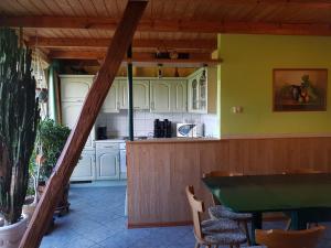 FrauenhagenPension zum Wiesengrund的厨房配有白色橱柜和绿桌