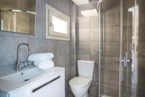 阿尔戈斯托利翁Argostoli Marina Suites的一间带卫生间和玻璃淋浴间的浴室