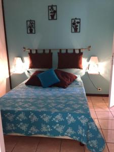 萨拉济马雷边游客度假屋的一间卧室配有一张带蓝色被子的床和两盏灯。