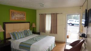 切马尔特鹰火山湖酒店的一间卧室设有一张床和一个滑动玻璃门