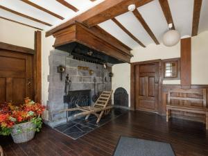 韦姆Lush Holiday Home in Waimes with Private Pool的客厅设有石制壁炉和木地板。