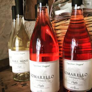 马丁纳弗兰卡Masseria Croce Piccola - Wineyard的桌子上坐着三瓶葡萄酒