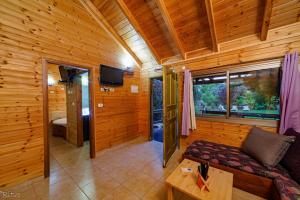 Beẕet山海木屋的小木屋的客厅配有沙发和电视