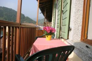 Tiarno di SottoCasa Anita的阳台上的一张桌子,上面有粉红色的桌布和鲜花