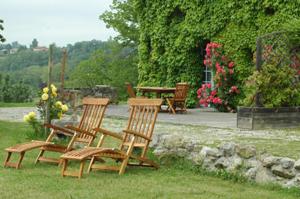 Auriac-sur-Vendinelle奥坦玫瑰度假屋的院子里的一组桌椅