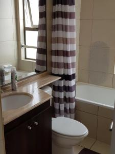 伊基克Mar Egeo的浴室设有卫生间水槽和淋浴帘
