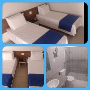 Caetité波尔图索尔酒店的配有2张床和1间浴室的酒店客房的3张图片