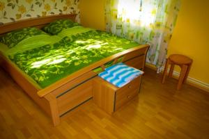 DwasiedenFerienhaus Doris的一间卧室配有一张带绿色棉被和椅子的床