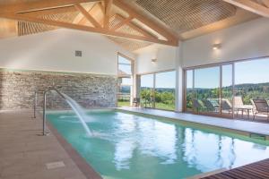 马尔比伊松Hotel Spa Les Rives Sauvages的一座房子里一个带瀑布的游泳池