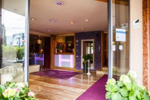 萨尔茨堡萨尔茨堡酒店的进入带紫色地板和玻璃门的建筑的入口