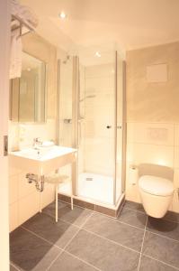 新维德小酒馆城堡酒店的带淋浴、盥洗盆和卫生间的浴室