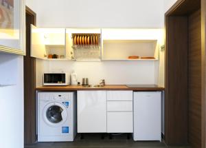布达佩斯八角形房舍酒店的厨房配有洗衣机和微波炉。
