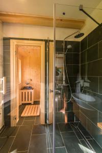 上维谢乌Magnolia Resort Chalets的一间带玻璃淋浴和水槽的浴室