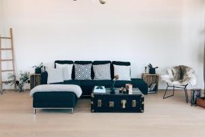 巴塞尔巴塞尔奥威活力城市公寓的客厅配有带枕头的蓝色沙发