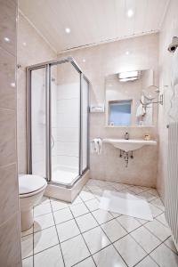 格赖因玛莎膳食公寓酒店的浴室配有卫生间、盥洗盆和淋浴。