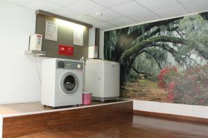 芦竹比佛利商务汽车旅馆的洗衣房配有洗衣机和绘画