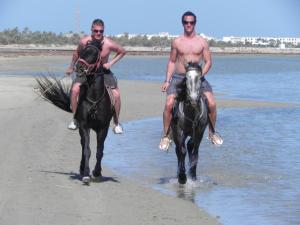 米多恩Résidence Jlidi的两个人在海滩上骑马