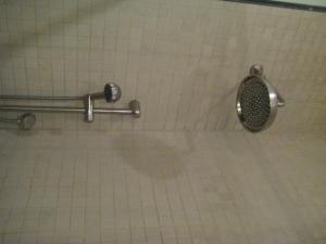蒙特利尔乐瑞丽里昂酒店的带淋浴的浴室(铺有瓷砖地板)