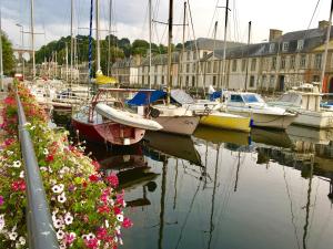 莫尔莱The Originals City, Hôtel Fontaine, Morlaix的一群船停靠在海港,种满了鲜花