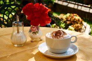 加尔尼亚诺蒂齐阿纳加尼酒店的坐在桌子上一边喝咖啡一边种着鲜花