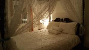 霍巴特纳通住宿加早餐旅馆的一间卧室配有一张带白色床单和窗帘的床