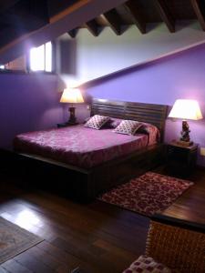 CarrenoCasona Los Gamonales的一间卧室配有一张带两盏灯和地毯的床。