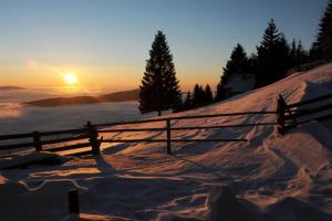 圣科卡瑟林奥夫Gartenwohnung auf der Sommeralm的山顶上有雪覆盖的栅栏,享有日落美景