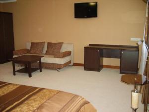 日托米尔盖伊基酒店的带沙发和书桌的酒店客房