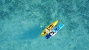 维拉港太平洋泻湖公寓酒店的一架黄蓝色飞机飞越水面