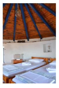 普拉卡米洛斯米洛斯瓦斯风车度假屋的客房设有四张床和木制天花板。