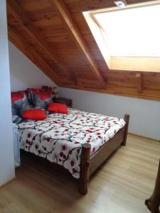 SusiecHacjenda的一间卧室配有一张带红色枕头的床和天窗