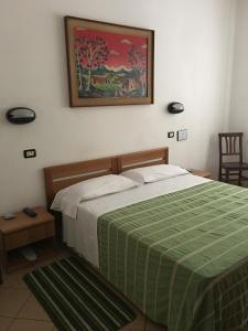 都灵多拉酒店的一间卧室配有一张带绿色和白色毯子的床