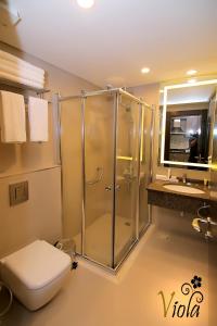 安曼Viola Hotel Suites的带淋浴、卫生间和盥洗盆的浴室