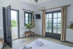 桑加拉达Pilio Sea Horizon Hotel的配有床和滑动玻璃门的房间