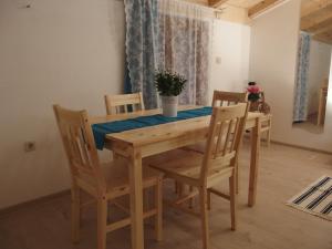 Novaki MotovunskiGuesthouse Casetta Verde的餐桌、椅子和蓝桌布