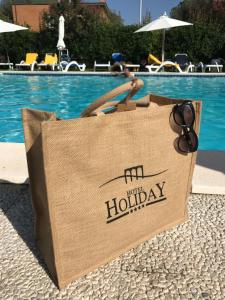 博尔塞纳苏拉格湖滨假日酒店的纸袋坐在游泳池旁边的地面上