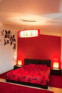 赫梅利尼茨基兴特拉尔尼酒店的红色卧室配有一张床和两盏灯