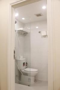 芽庄BX Apartment的一间带卫生间和玻璃淋浴间的浴室