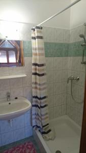塞克希费黑瓦尔Flamingó Panzió的浴室配有淋浴帘和盥洗盆。