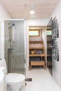 肯佩莱Apartment Kievarinhovi的带淋浴、卫生间和盥洗盆的浴室