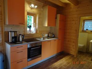 韦尼格罗德Ferienhaus Blick Hasserode的小木屋内的厨房配有橙色橱柜和水槽