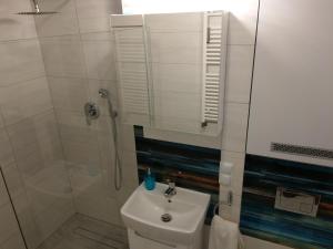 兹维日涅茨apartament Fanaberia的带淋浴、卫生间和盥洗盆的浴室