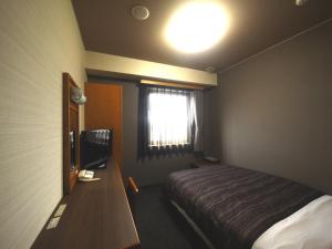 中津川市中津川国际铁路酒店的一间卧室配有一张床和一张书桌及电视